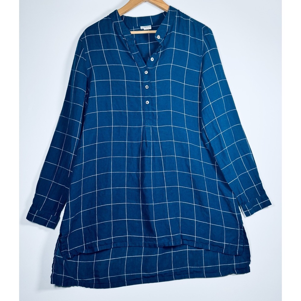 Vintage Home Napa Valley Linen Tunic XL Blue Windowpane Plaid St Helena Luxury